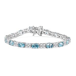 D'Joy Premium Cambodian Blue Zircon and Moissanite 12.85 ctw Floral Blue Vines Bracelet in Rhodium Over Sterling Silver (6.50 In)