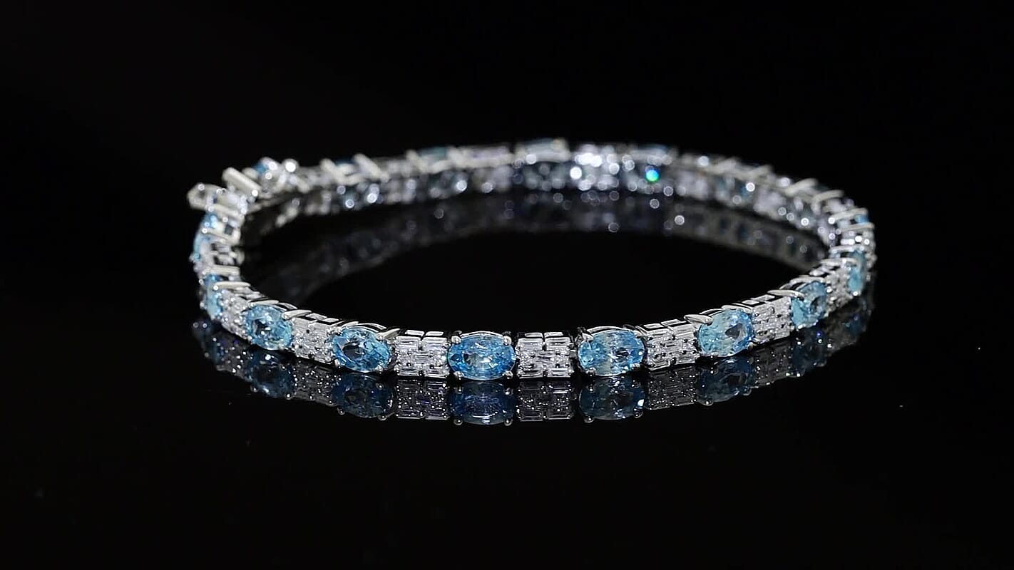 Epic Deal D'Joy Blue Zircon, Moissanite Bracelet in Rhodium Over Sterling Silver (6.50 In) 12.85 ctw
