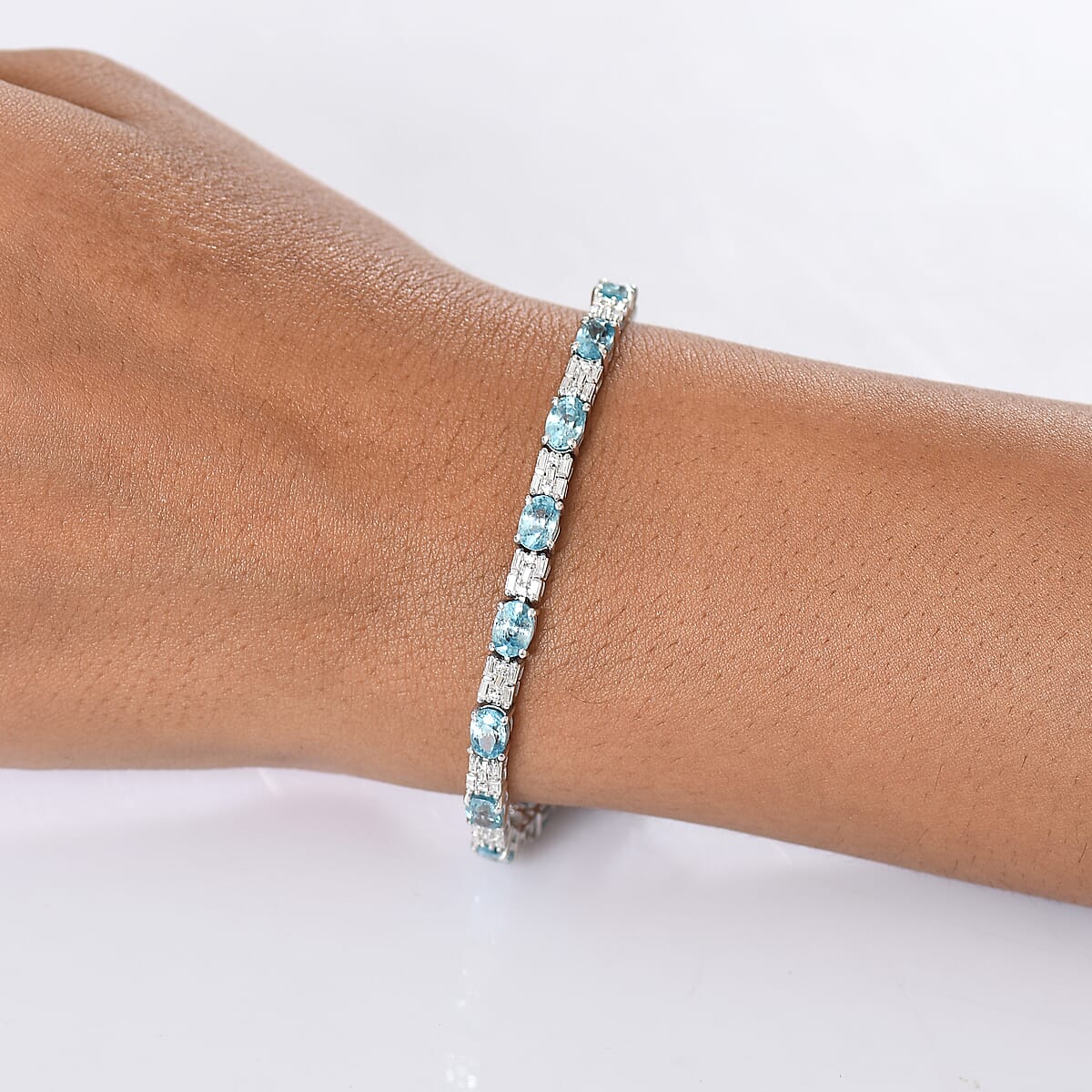 D'Joy Premium Cambodian Blue Zircon and Moissanite 12.85 ctw Floral Blue Vines Bracelet in Rhodium Over Sterling Silver (6.50 In) image number 2