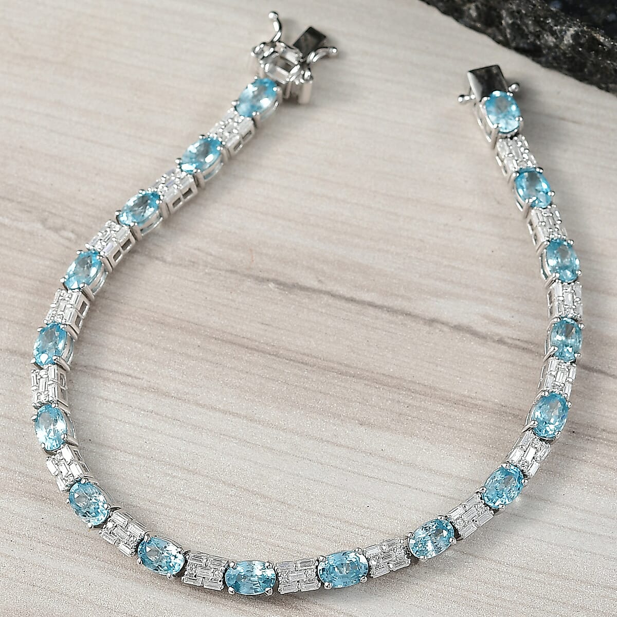 D'Joy Premium Cambodian Blue Zircon and Moissanite 13.70 ctw Floral Blue Vines Bracelet in Rhodium Over Sterling Silver (7.25 In) image number 1