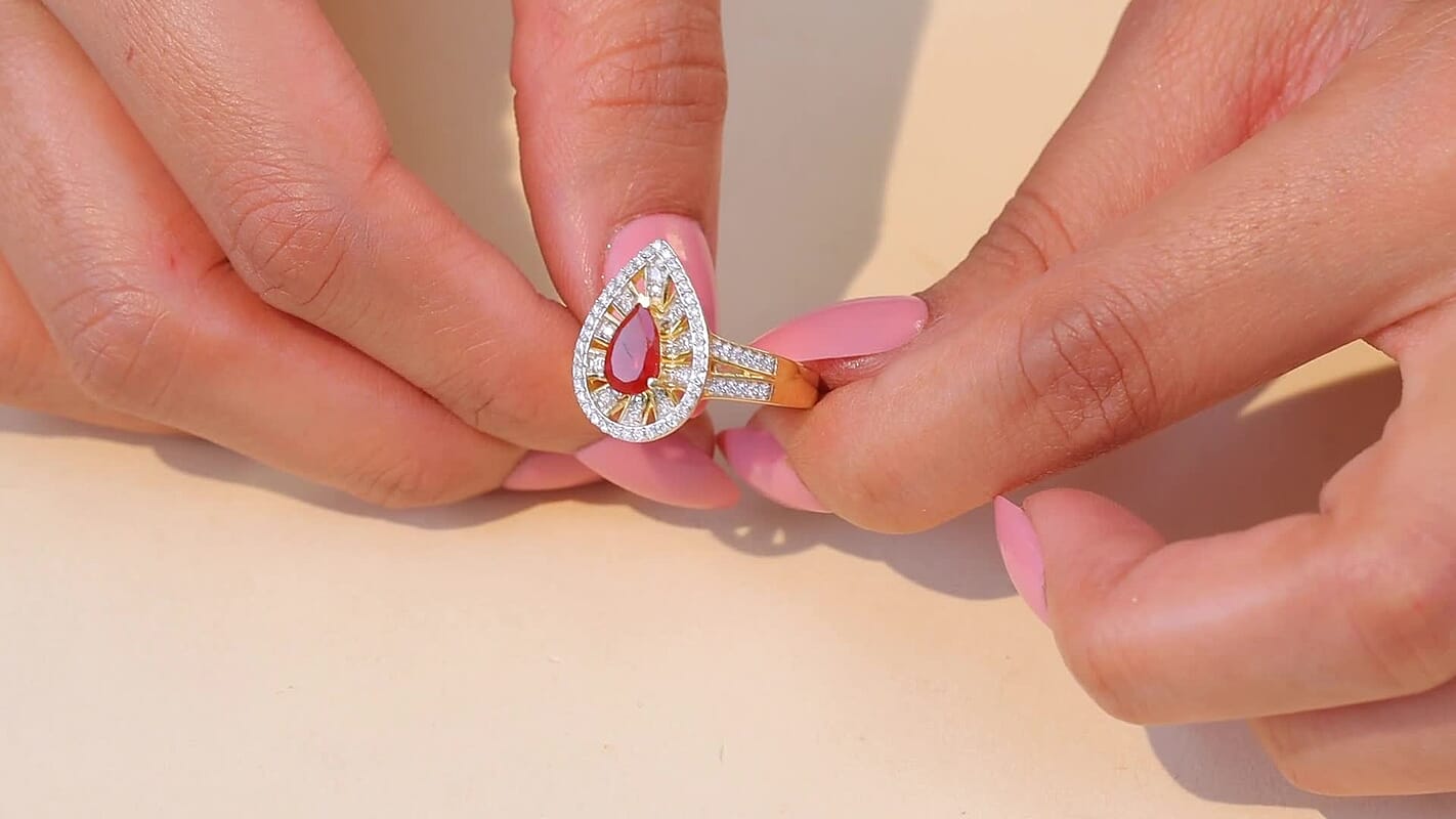 D'Joy Mexican Cherry Fire Opal, Moissanite Ring in 18K Vermeil YG Over Sterling Silver (Size 10.0) 1.00 ctw