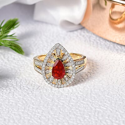 D'Joy Mexican Cherry Fire Opal and Moissanite 1.00 ctw Art Deco Ring in 18K Vermeil Yellow Gold Over Sterling Silver (Size 10.0)