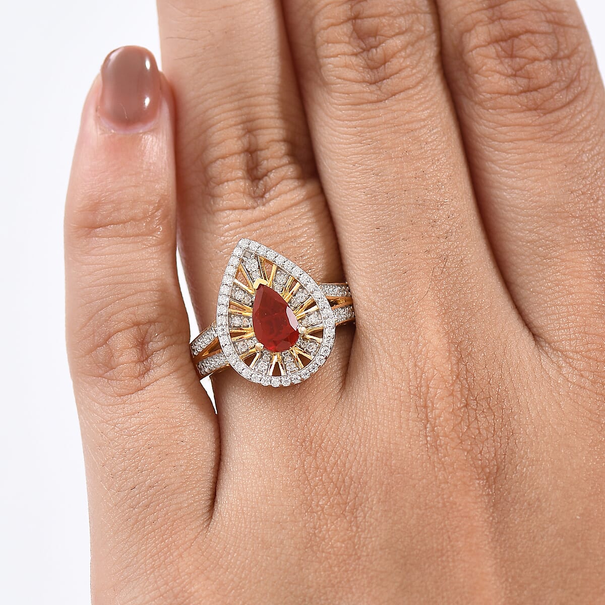 D'Joy Mexican Cherry Fire Opal and Moissanite 1.00 ctw Art Deco Ring in 18K Vermeil Yellow Gold Over Sterling Silver (Size 10.0) image number 2