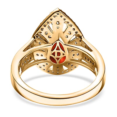 D'Joy Mexican Cherry Fire Opal and Moissanite 1.00 ctw Art Deco Ring in 18K Vermeil Yellow Gold Over Sterling Silver (Size 10.0)