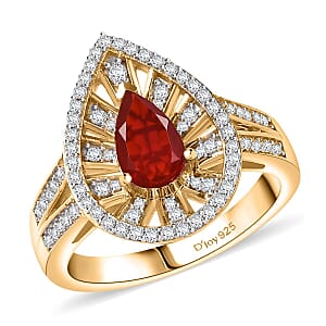 D'Joy Mexican Cherry Fire Opal and Moissanite 1.00 ctw Art Deco Ring in 18K Vermeil Yellow Gold Over Sterling Silver (Size 7.0)