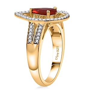 D'Joy Mexican Cherry Fire Opal and Moissanite 1.00 ctw Art Deco Ring in 18K Vermeil Yellow Gold Over Sterling Silver (Size 7.0)