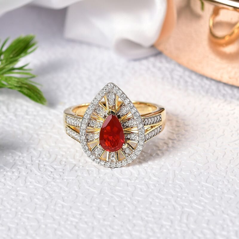 D'Joy Mexican Cherry Fire Opal and Moissanite 1.00 ctw Art Deco Ring in 18K Vermeil Yellow Gold Over Sterling Silver (Size 8.0)