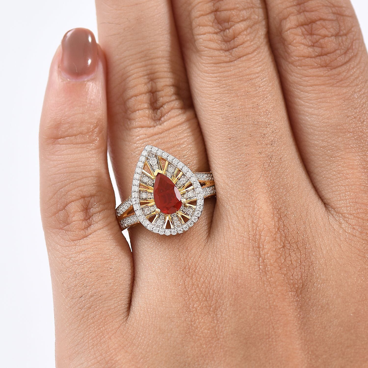 D'Joy Mexican Cherry Fire Opal and Moissanite 1.00 ctw Art Deco Ring in 18K Vermeil Yellow Gold Over Sterling Silver (Size 8.0)