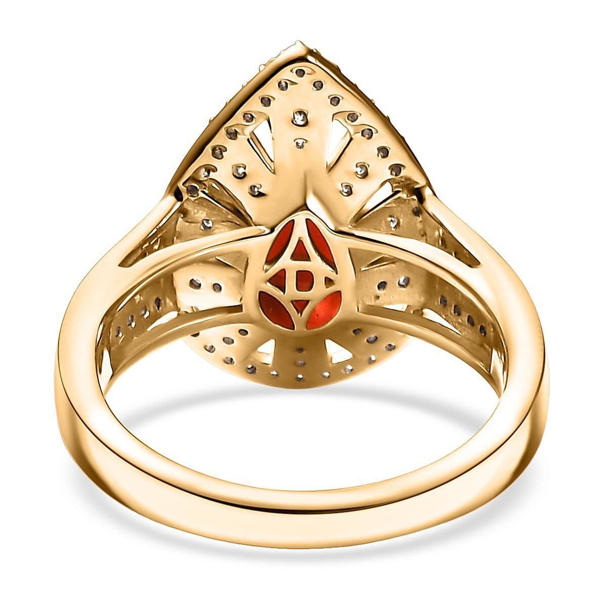 D'Joy Mexican Cherry Fire Opal and Moissanite 1.00 ctw Art Deco Ring in 18K Vermeil Yellow Gold Over Sterling Silver (Size 8.0) image number 4