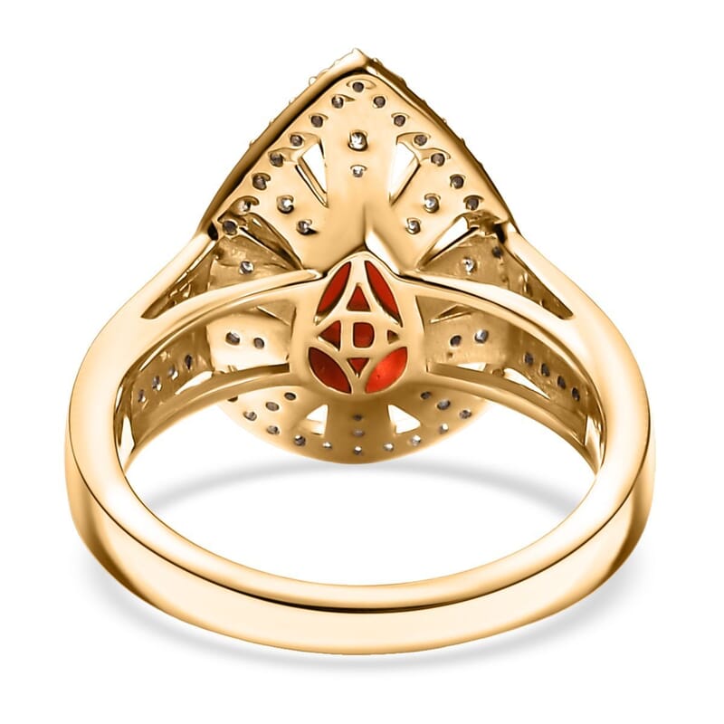 D'Joy Mexican Cherry Fire Opal and Moissanite 1.00 ctw Art Deco Ring in 18K Vermeil Yellow Gold Over Sterling Silver (Size 8.0)