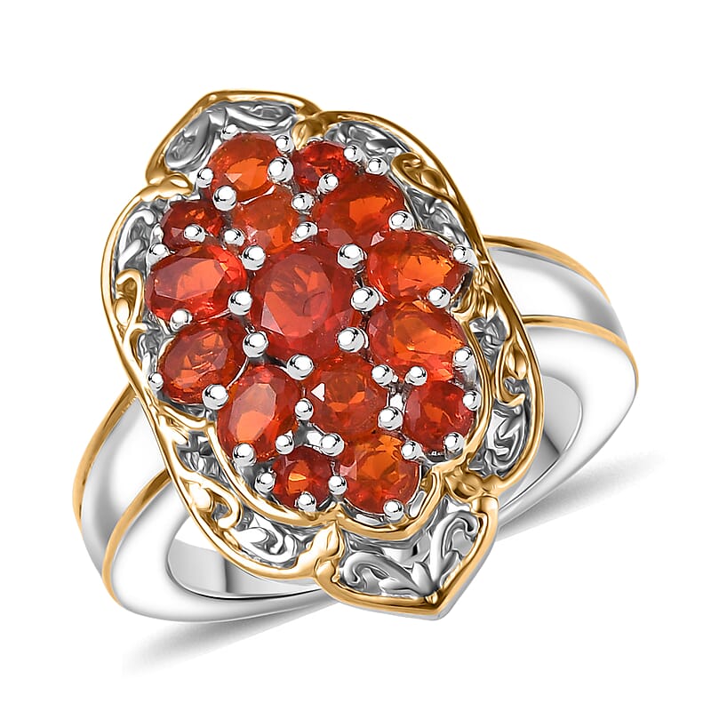 D'Joy Mexican Cherry Fire Opal 1.65 ctw Art Deco Ring in 18K Vermeil YG and Rhodium Over Sterling Silver (Size 10.0)