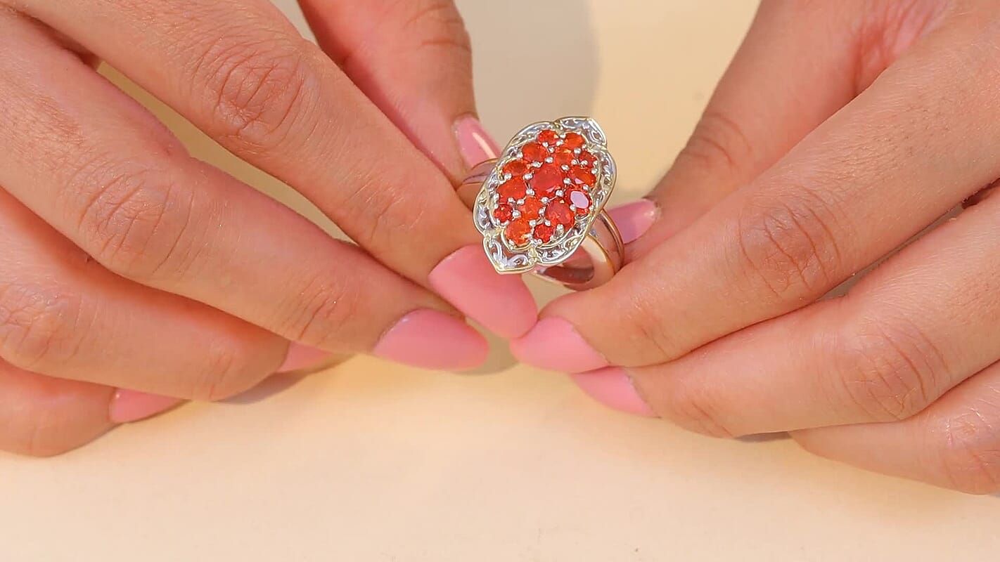 D'Joy Mexican Cherry Fire Opal Ring in 18K Vermeil YG and Rhodium Over Sterling Silver (Size 10.0) 1.65 ctw