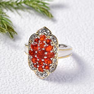 D'Joy Mexican Cherry Fire Opal 1.65 ctw Art Deco Ring in 18K Vermeil YG and Rhodium Over Sterling Silver (Size 10.0)