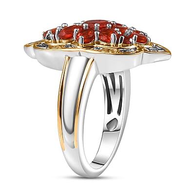 D'Joy Mexican Cherry Fire Opal 1.65 ctw Art Deco Ring in 18K Vermeil YG and Rhodium Over Sterling Silver (Size 10.0)