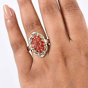D'Joy Mexican Cherry Fire Opal 1.65 ctw Art Deco Ring in 18K Vermeil YG and Rhodium Over Sterling Silver (Size 6.0)