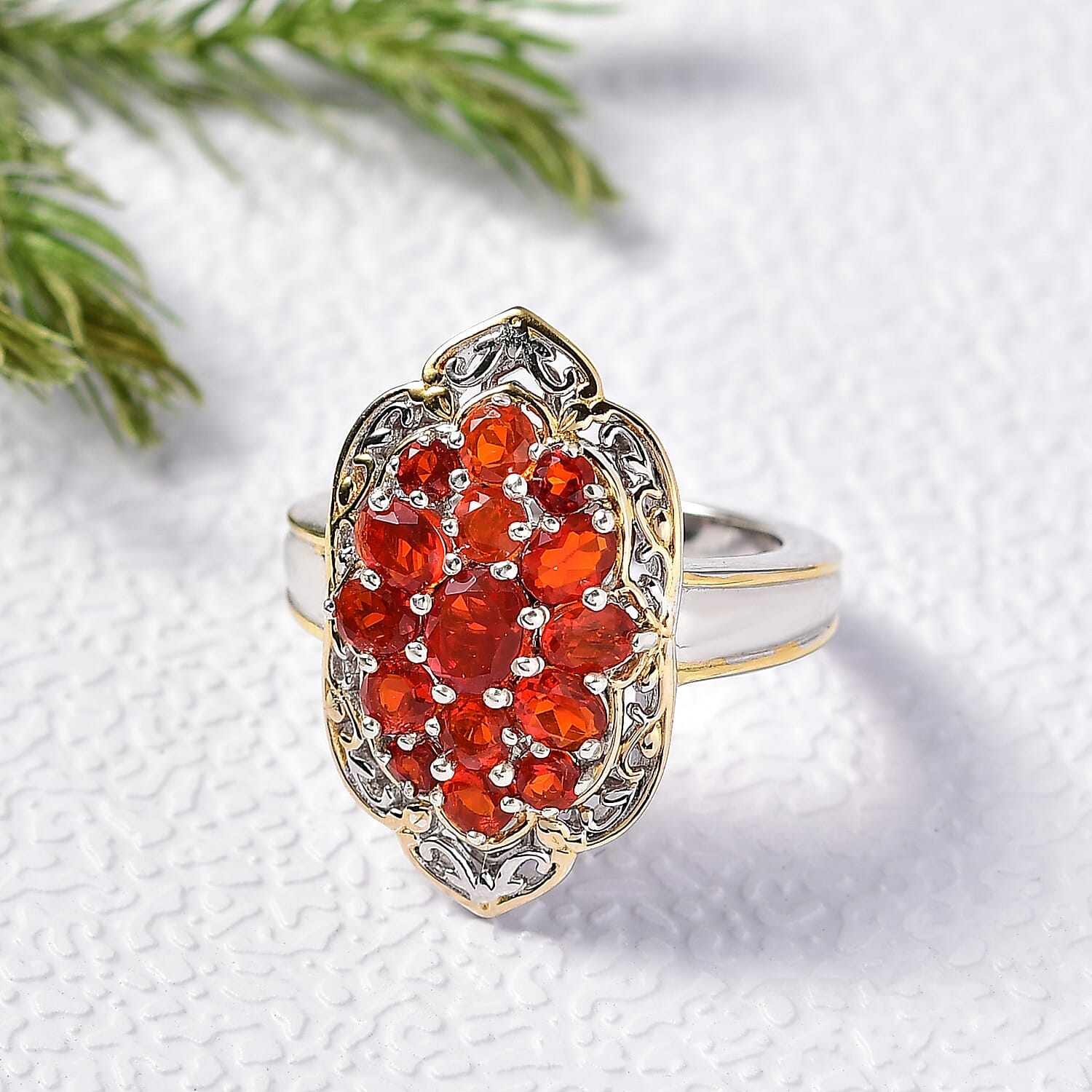 D'Joy Mexican Cherry Fire Opal 1.65 ctw Art Deco Ring in 18K Vermeil YG and Rhodium Over Sterling Silver (Size 7.0)