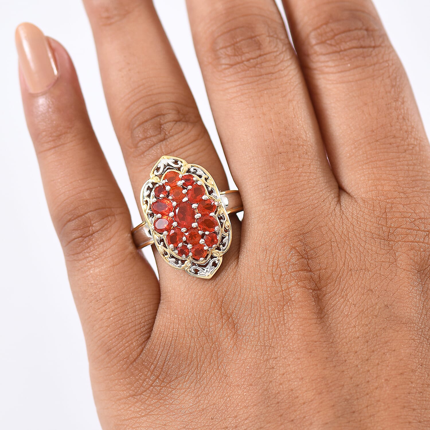 D'Joy Mexican Cherry Fire Opal 1.65 ctw Art Deco Ring in 18K Vermeil YG and Rhodium Over Sterling Silver (Size 7.0)