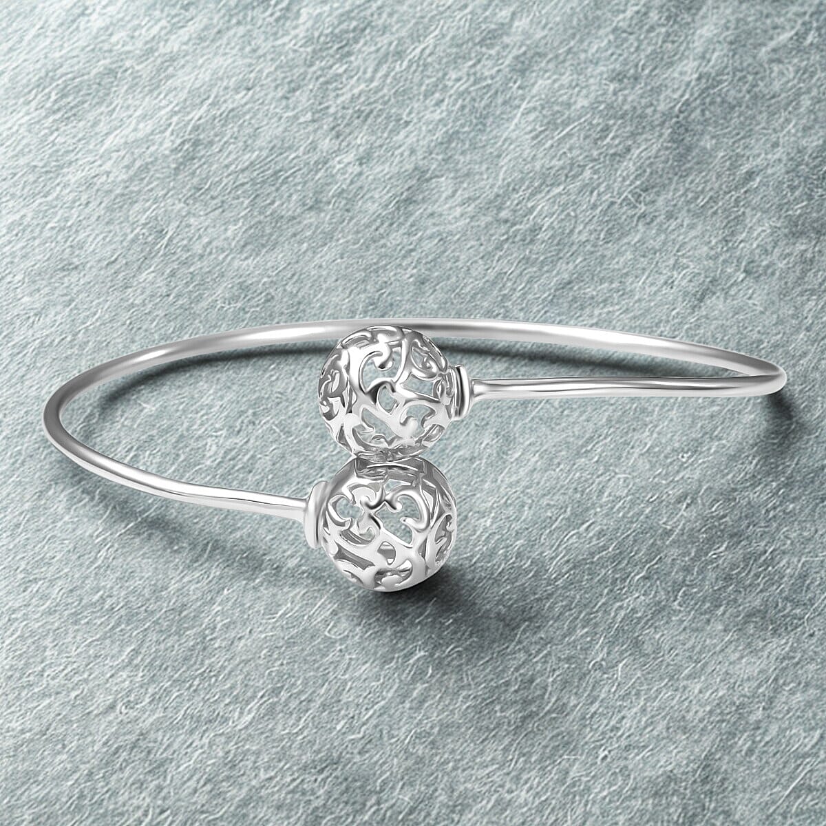 D'Joy Filigree Orb Open Bangle Bracelet in Rhodium Over Sterling Silver (7.25 in) 6.90 Grams image number 1