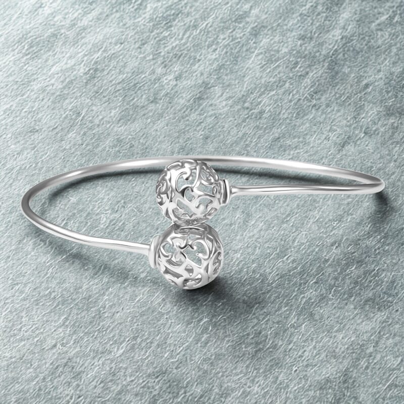 D'Joy Filigree Orb Open Bangle Bracelet in Rhodium Over Sterling Silver (7.25 in) 6.90 Grams