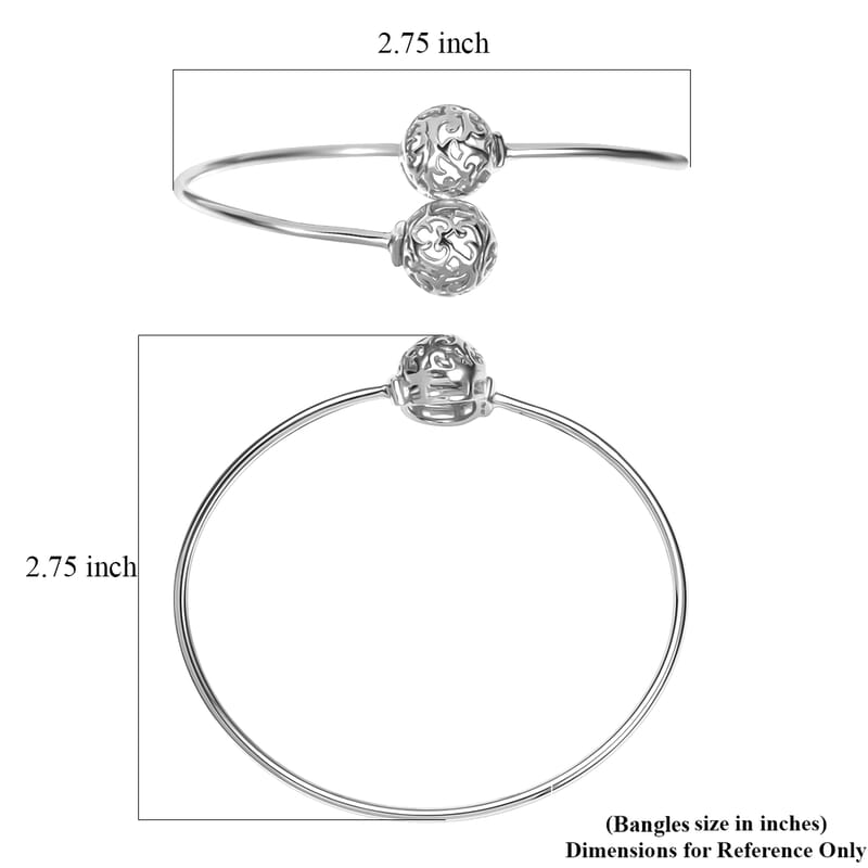 D'Joy Filigree Orb Open Bangle Bracelet in Rhodium Over Sterling Silver (7.25 in) 6.90 Grams