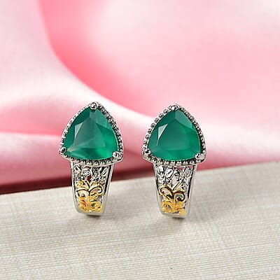 EverTrue Verde Onyx, White Zircon Earrings in 18K YG Plated and Platinum Bond 3.00 ctw