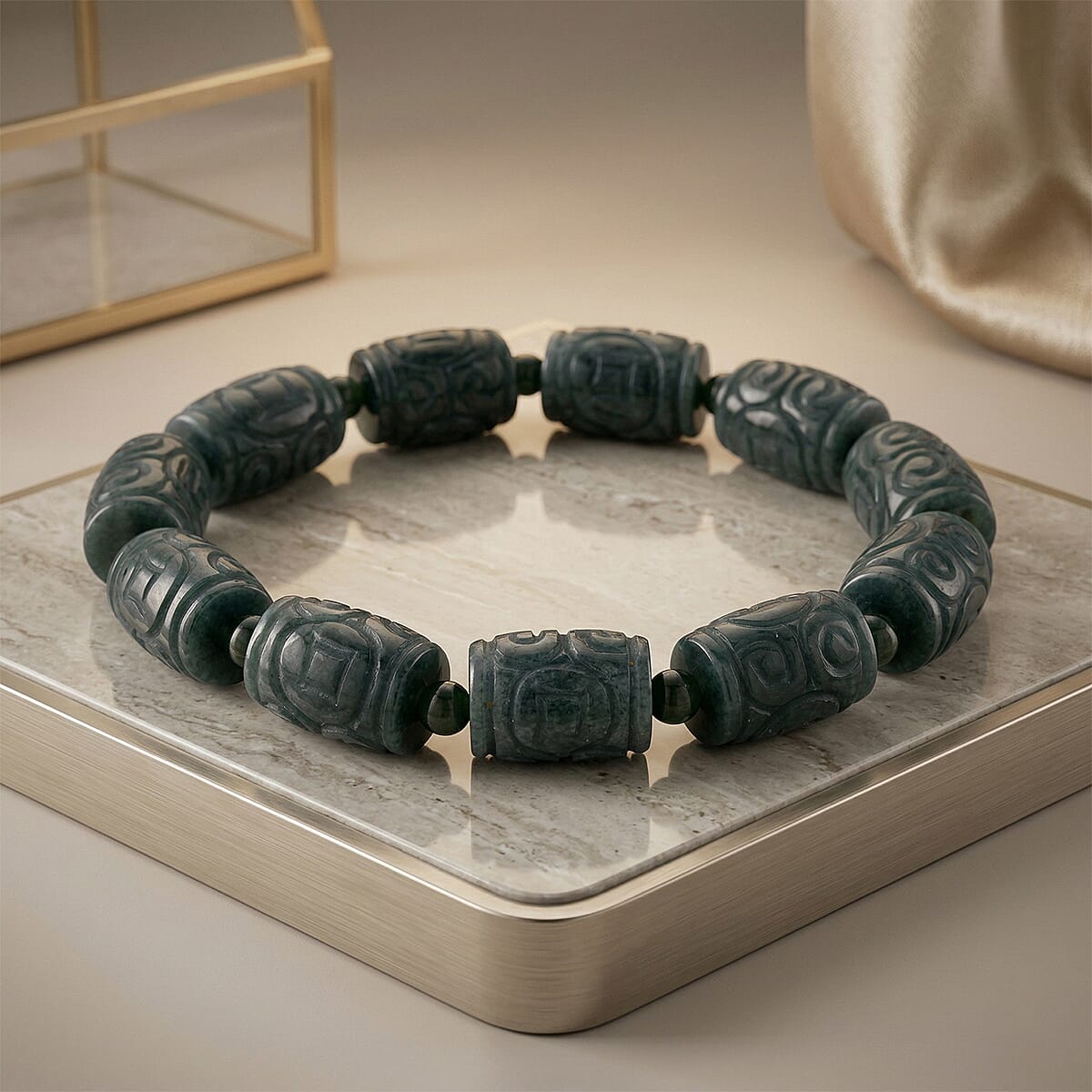 Olmec Jadeite 210.00 ctw Carved Beaded Stretch Bracelet  image number 1