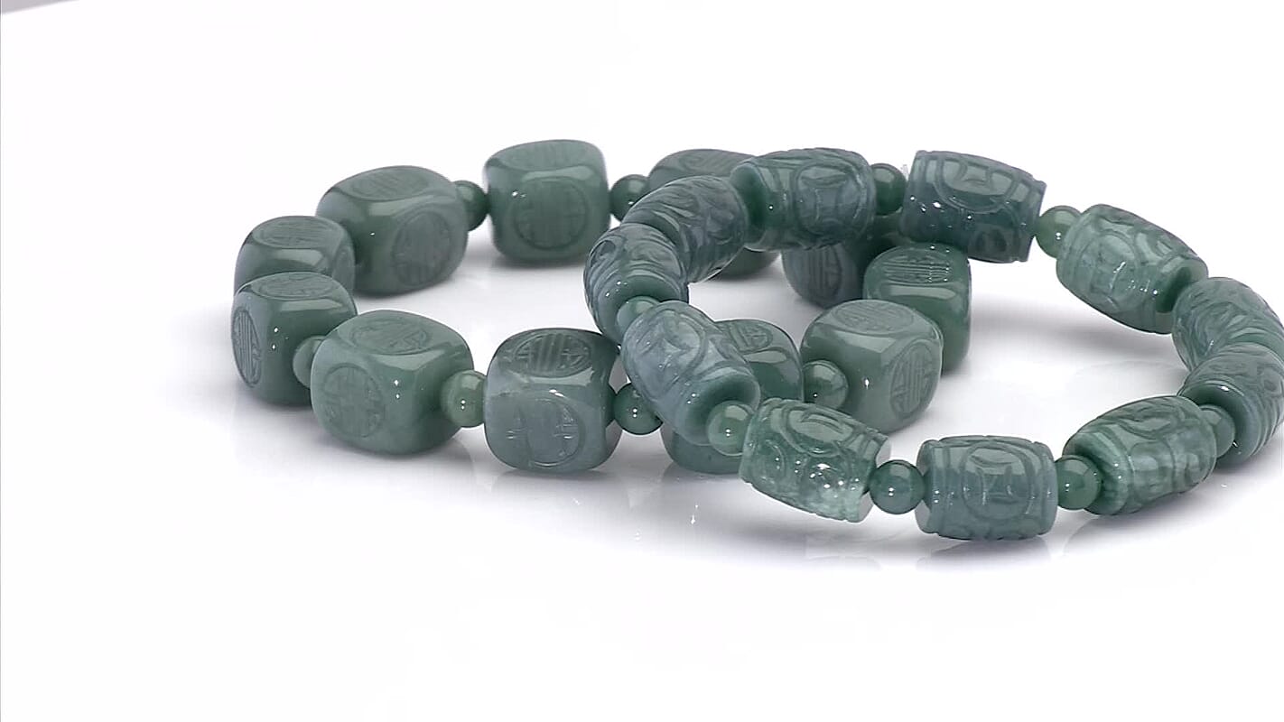 Natural Olmec Jadeite 210.00 ctw Carved Beaded Stretch Bracelet
