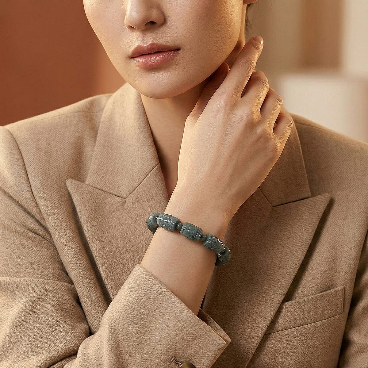 Olmec Jadeite 210.00 ctw Carved Beaded Stretch Bracelet  image number 2