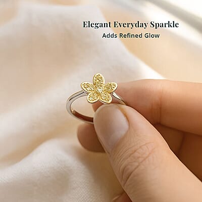Luxuriant Lab Grown Yellow Diamond (E-F, VS) Floral Ring in Rhodium Over Sterling Silver 0.25 ctw (Size 6.0)