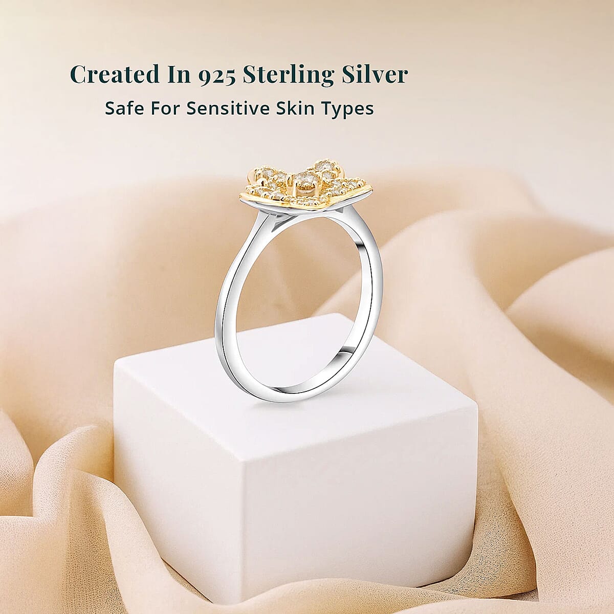 Luxuriant Lab Grown Yellow Diamond (E-F, VS) Floral Ring in Rhodium Over Sterling Silver 0.25 ctw (Size 7.0) image number 2