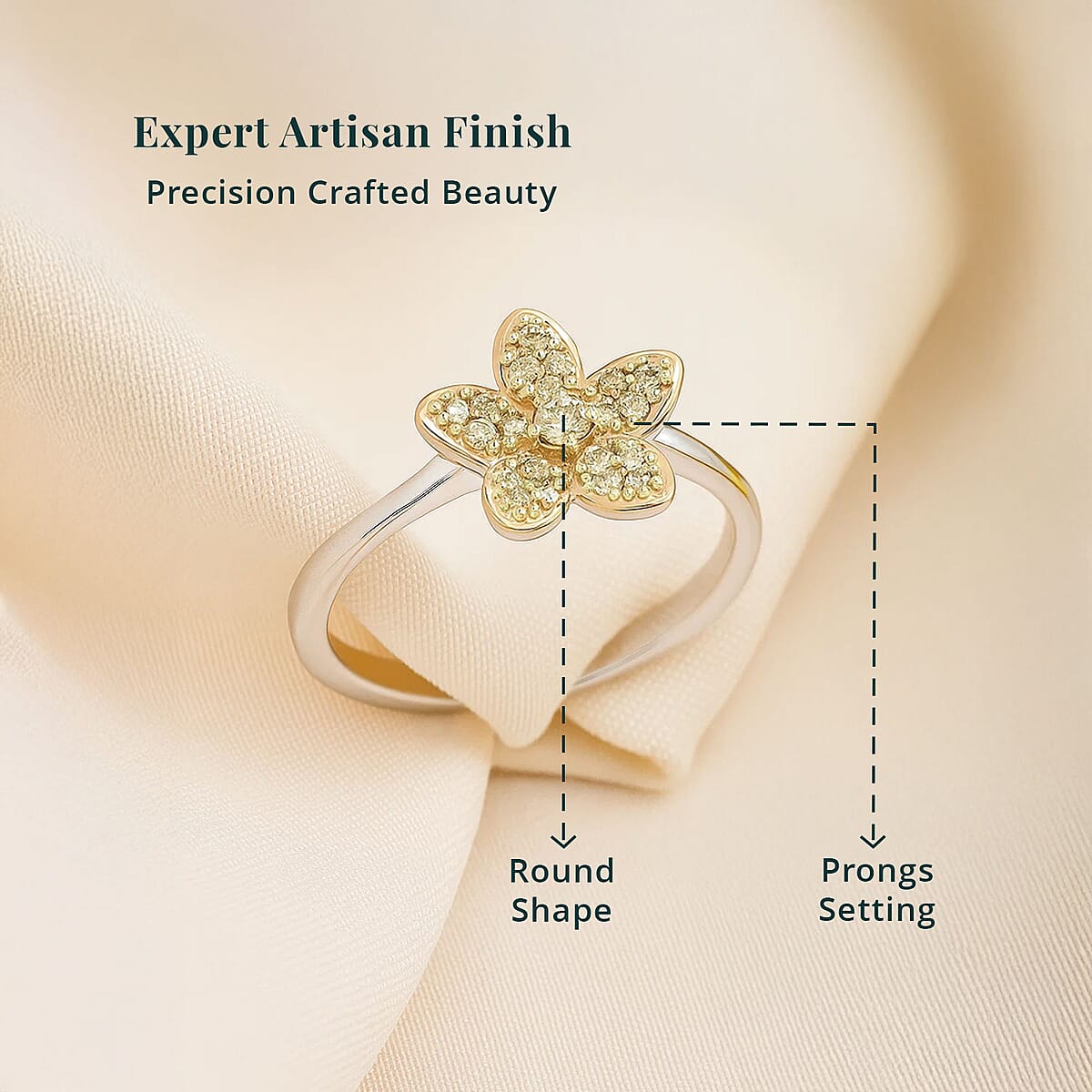 Luxuriant Lab Grown Yellow Diamond (E-F, VS) Floral Ring in Rhodium Over Sterling Silver 0.25 ctw (Size 7.0) image number 4