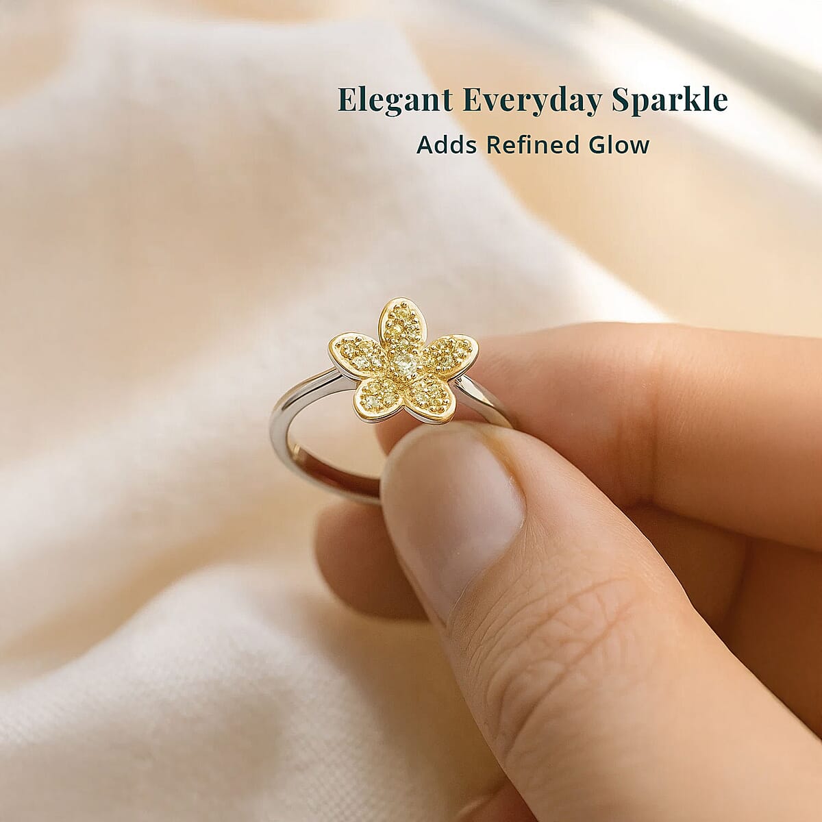 Luxuriant Lab Grown Yellow Diamond (E-F, VS) Floral Ring in Rhodium Over Sterling Silver 0.25 ctw (Size 9.0) image number 5