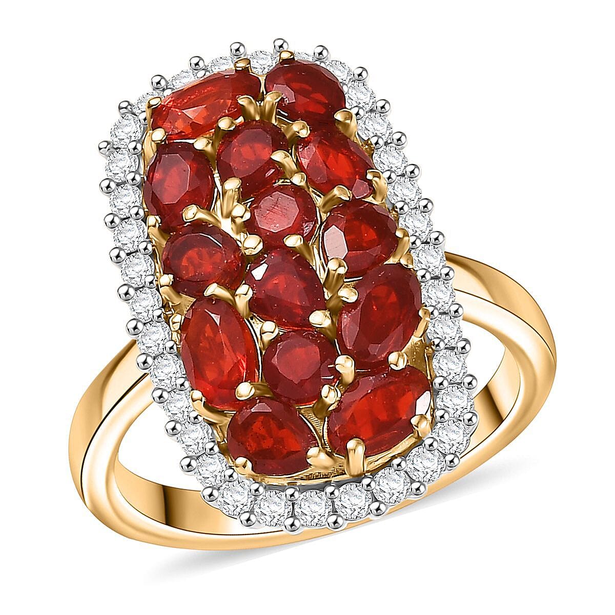D'Joy Mexican Cherry Fire Opal and Moissanite 2.25 ctw Cluster Ring in 18K Vermeil Yellow Gold Over Sterling Silver (Size 6.0) image number 0