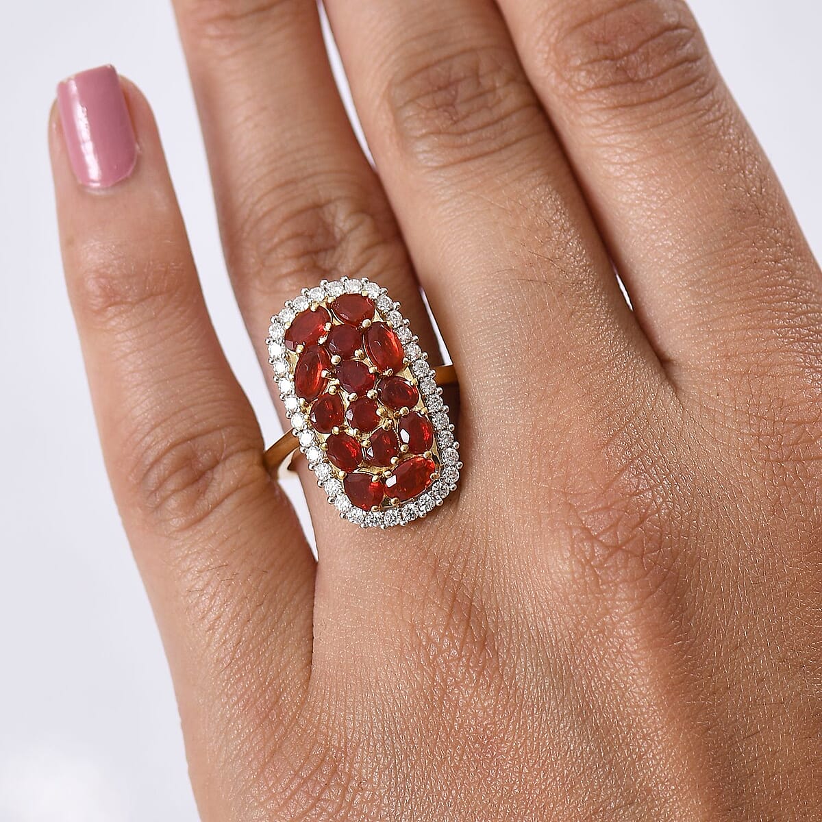 D'Joy Mexican Cherry Fire Opal and Moissanite 2.25 ctw Cluster Ring in 18K Vermeil Yellow Gold Over Sterling Silver (Size 6.0) image number 2