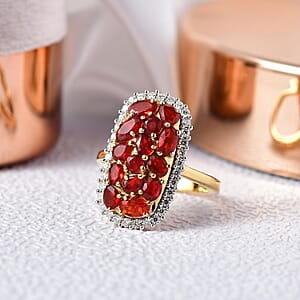 D'Joy Mexican Cherry Fire Opal and Moissanite 2.25 ctw Cluster Ring in 18K Vermeil Yellow Gold Over Sterling Silver (Size 7.0)