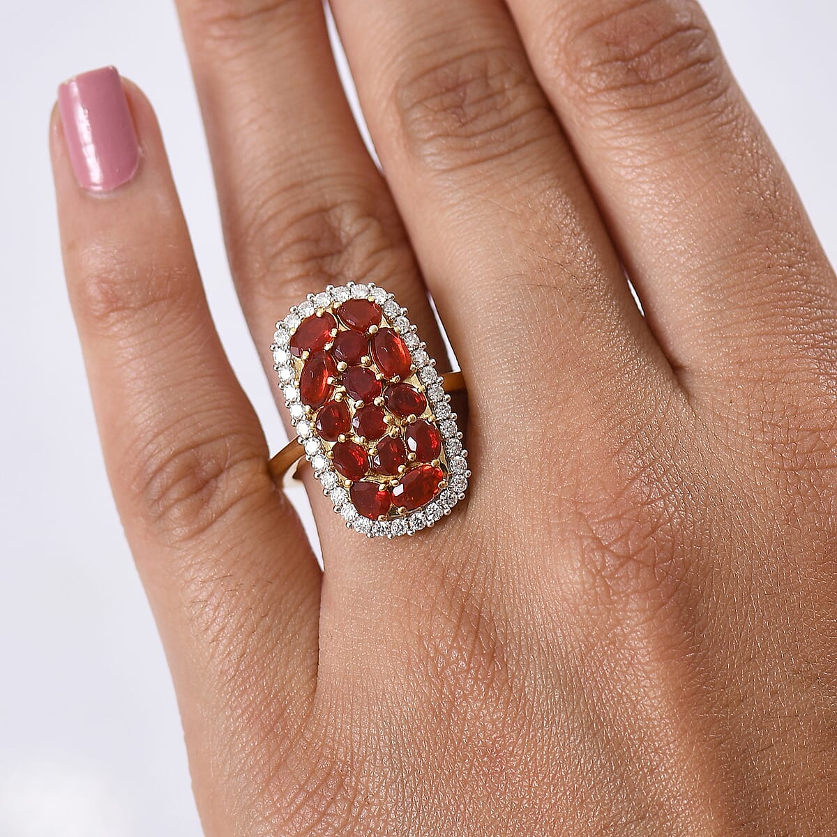 D'Joy Mexican Cherry Fire Opal and Moissanite 2.25 ctw Cluster Ring in 18K Vermeil Yellow Gold Over Sterling Silver (Size 7.0) image number 2