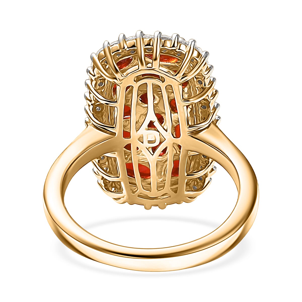 D'Joy Mexican Cherry Fire Opal and Moissanite 2.25 ctw Cluster Ring in 18K Vermeil Yellow Gold Over Sterling Silver (Size 7.0) image number 4