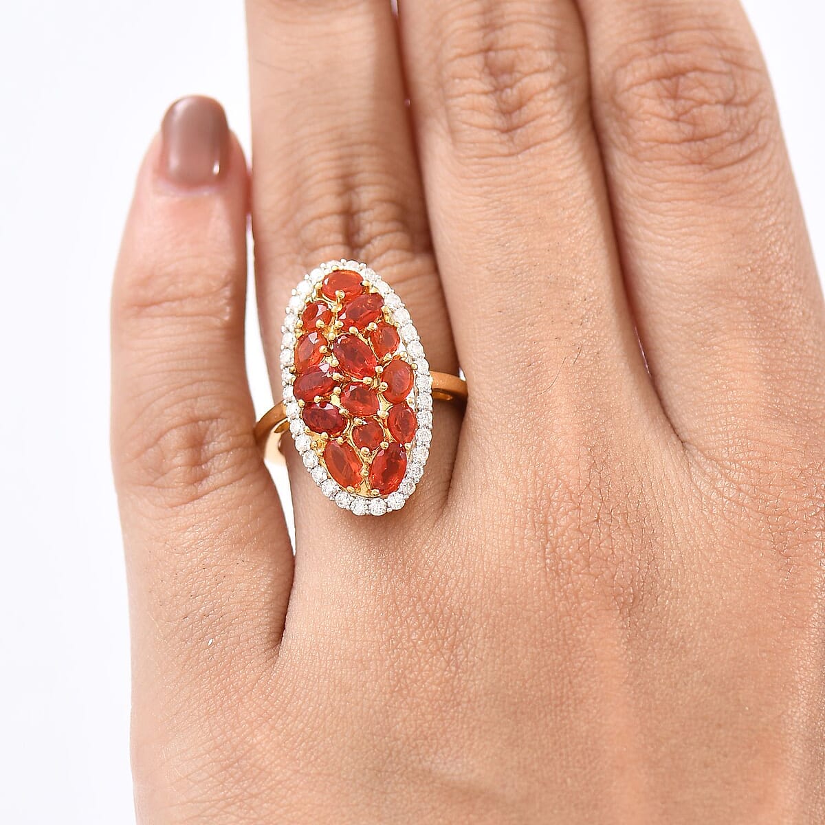 D'Joy Mexican Cherry Fire Opal and Moissanite 2.15 ctw Cluster Ring in 18K Vermeil Yellow Gold Over Sterling Silver (Size 6.0) image number 2