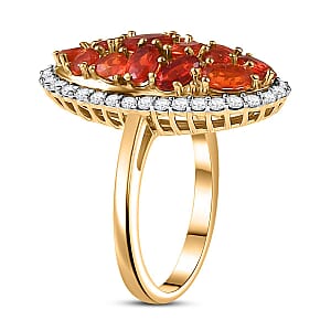 D'Joy Mexican Cherry Fire Opal and Moissanite 2.15 ctw Cluster Ring in 18K Vermeil Yellow Gold Over Sterling Silver (Size 6.0)