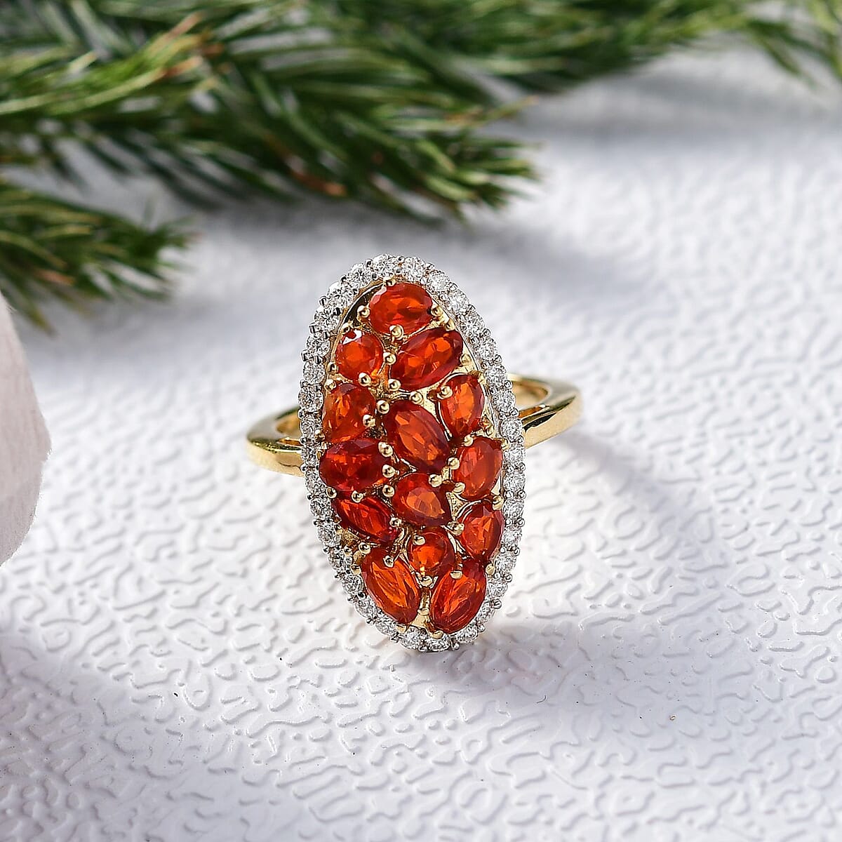 D'Joy Mexican Cherry Fire Opal and Moissanite 2.15 ctw Cluster Ring in 18K Vermeil Yellow Gold Over Sterling Silver (Size 7.0) image number 1