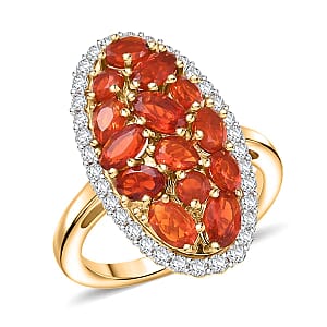D'Joy Mexican Cherry Fire Opal and Moissanite 2.15 ctw Cluster Ring in 18K Vermeil Yellow Gold Over Sterling Silver (Size 8.0)