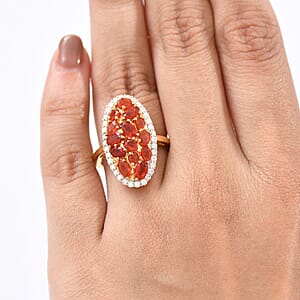 D'Joy Mexican Cherry Fire Opal and Moissanite 2.15 ctw Cluster Ring in 18K Vermeil Yellow Gold Over Sterling Silver (Size 9.0)