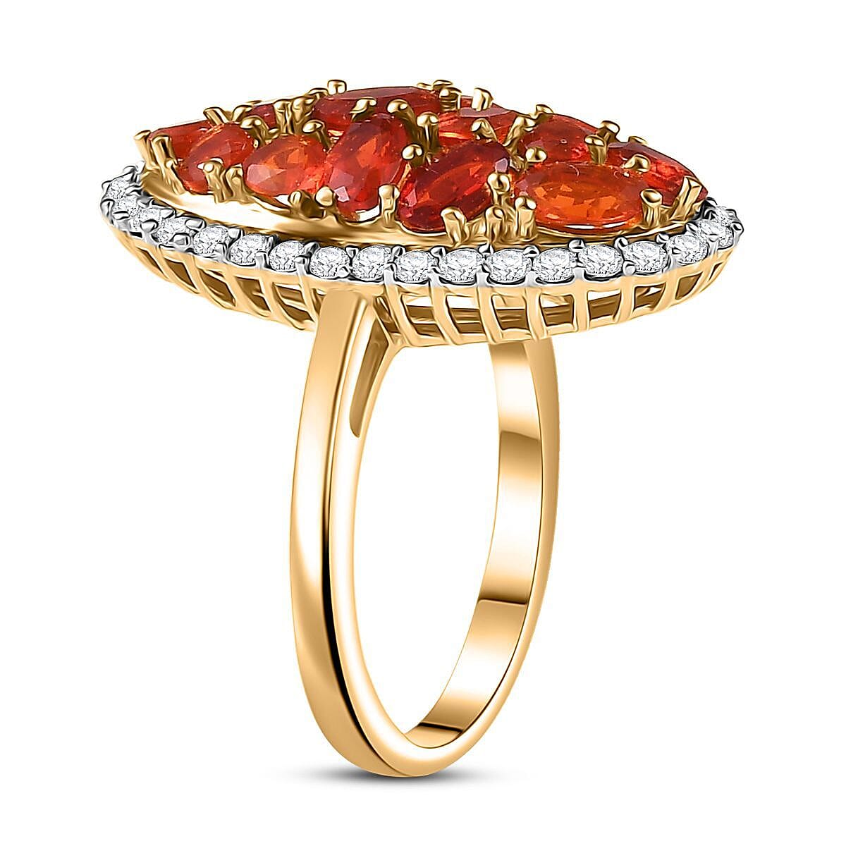 D'Joy Mexican Cherry Fire Opal and Moissanite 2.15 ctw Cluster Ring in 18K Vermeil Yellow Gold Over Sterling Silver (Size 9.0) image number 3