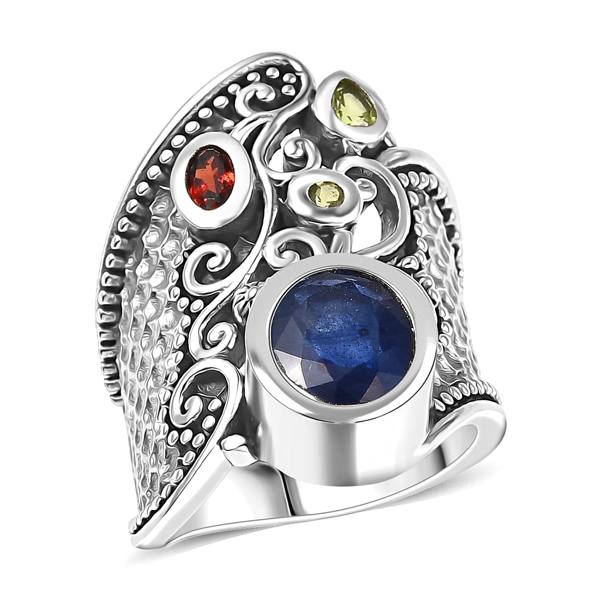 D'Joy Passport to Israel Artisan Crafted Masoala Sapphire (D) and Multi Gemstone 4.50 ctw Ring in Sterling Silver (Size 7.0)