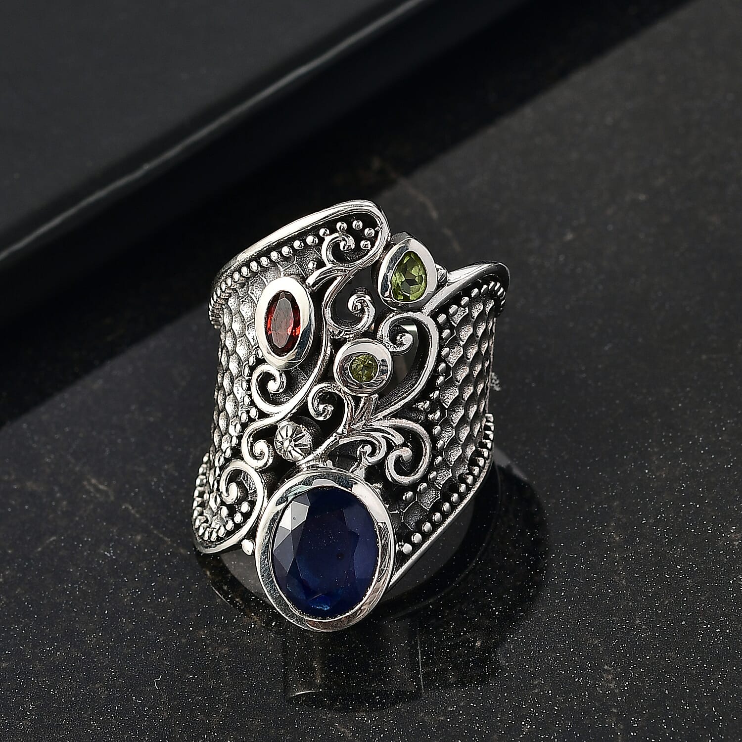 D'Joy Passport to Israel Artisan Crafted Masoala Sapphire (D) and Multi Gemstone 4.50 ctw Ring in Sterling Silver (Size 7.0)