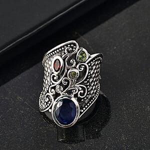 D'Joy Passport to Israel Artisan Crafted Masoala&nbsp;Sapphire&nbsp;(D) and Multi Gemstone 4.50 ctw Ring in Sterling Silver (Size 7.0)