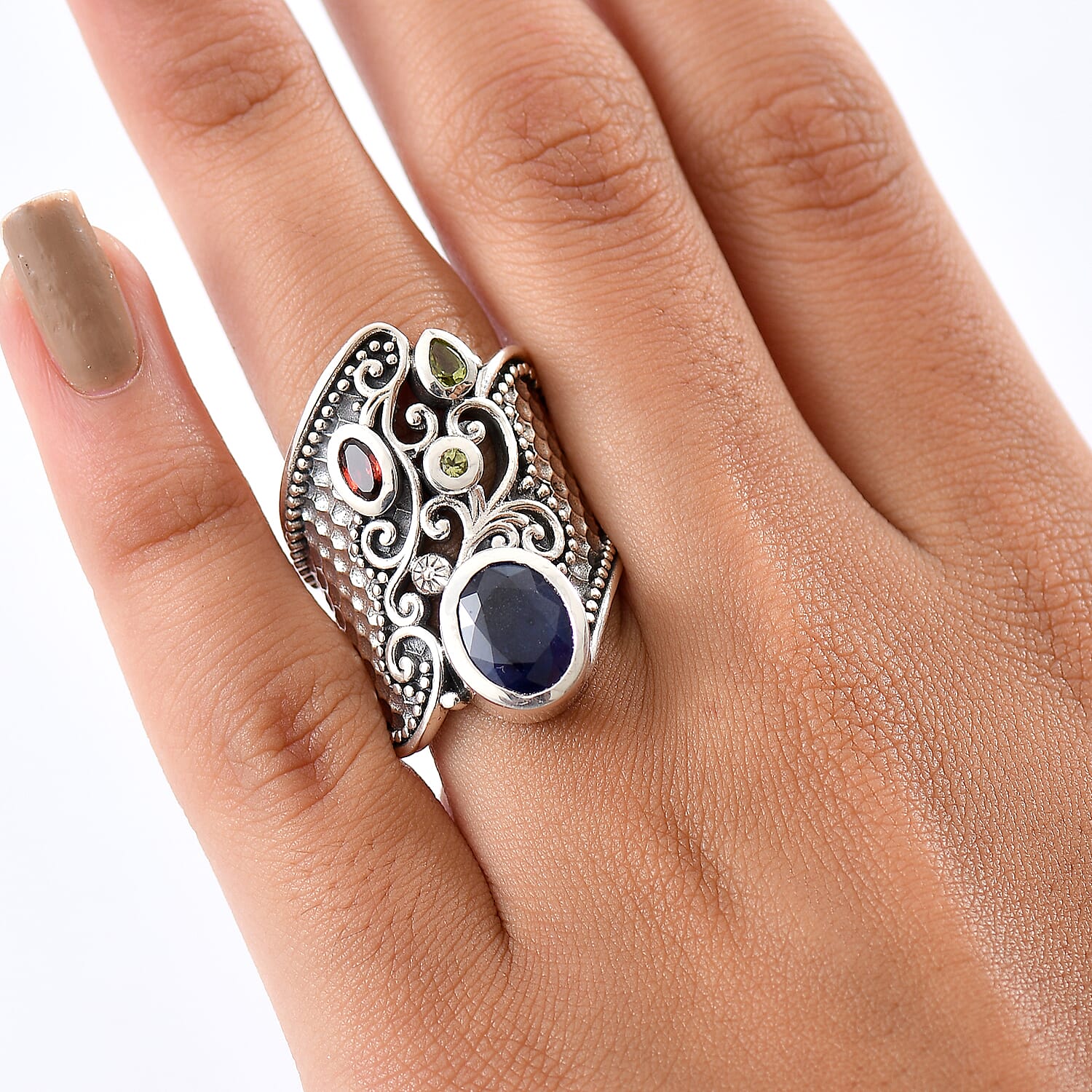 D'Joy Passport to Israel Artisan Crafted Masoala Sapphire (D) and Multi Gemstone 4.50 ctw Ring in Sterling Silver (Size 7.0)