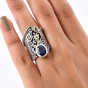 D'Joy Passport to Israel Artisan Crafted Masoala&nbsp;Sapphire&nbsp;(D) and Multi Gemstone 4.50 ctw Ring in Sterling Silver (Size 7.0)