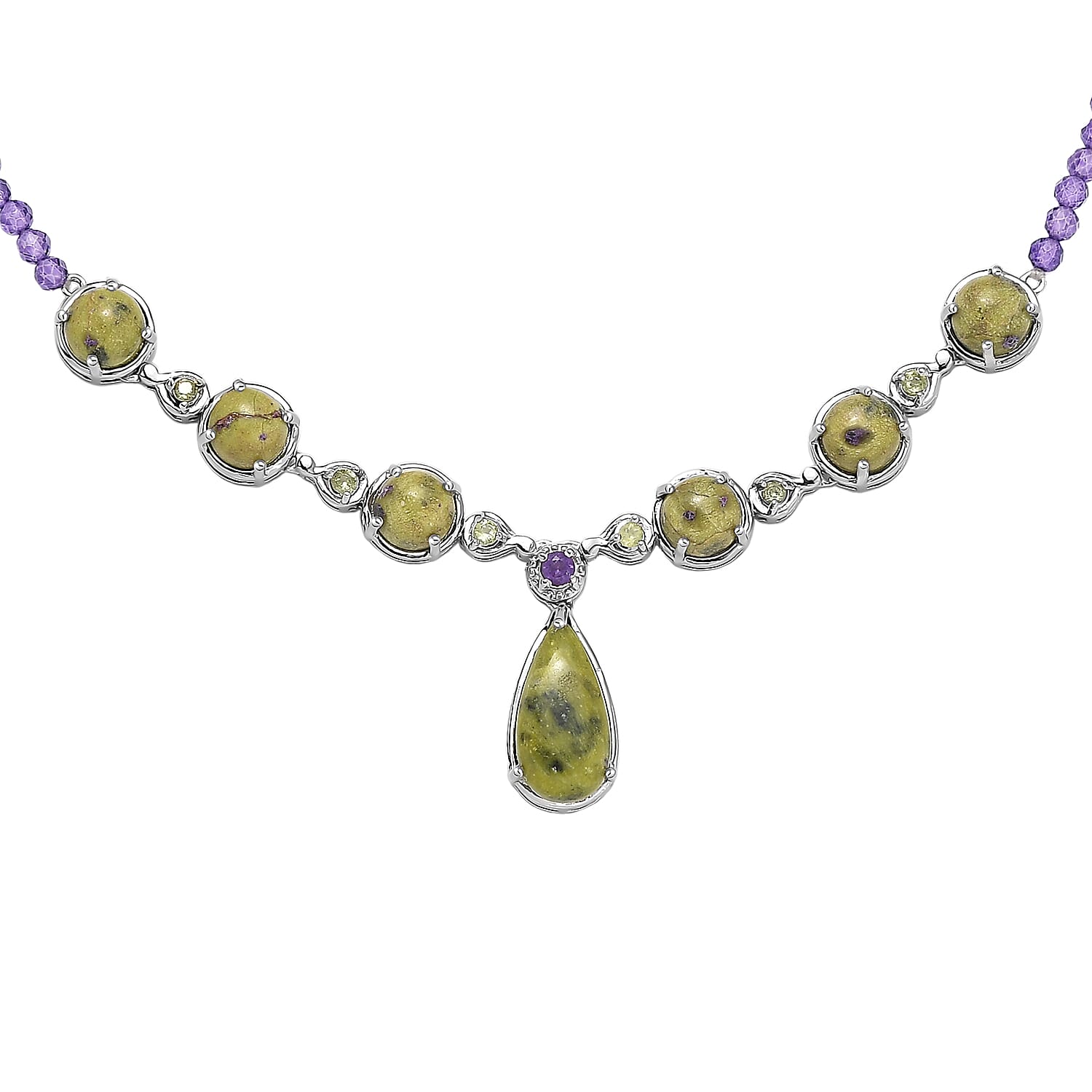 EverTrue Tasmanian Stichtite and Multi Gemstone 39.55 ctw Earthborn Celestial Orbit Elegance Necklace in Platinum Bond 18-20 Inches