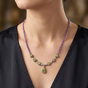 EverTrue Tasmanian Stichtite and Multi Gemstone 39.55 ctw Earthborn Celestial Orbit Elegance Necklace in Platinum Bond 18-20 Inches